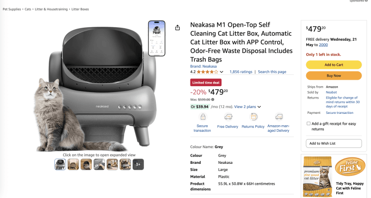 Amazon: Neakasa M1 Open-Top Self Cleaning Cat Litter Box – Was: $599.00, now $479.00